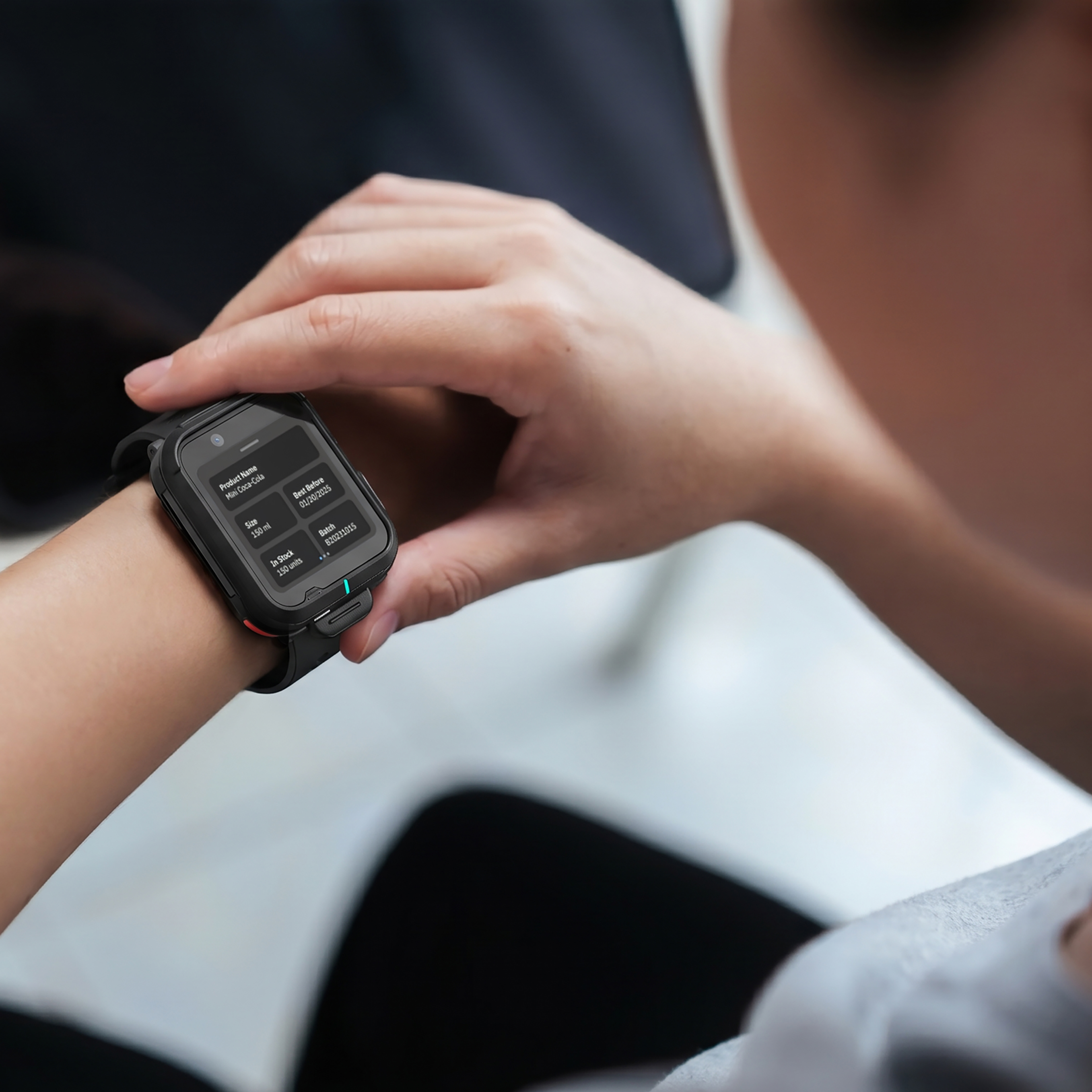 Photo of a closeup of a retail worker using a WS301 with Workcloud Sync on the wrist. This image was generated with the assistance of AI tools and may not depict real people, places, or events.
