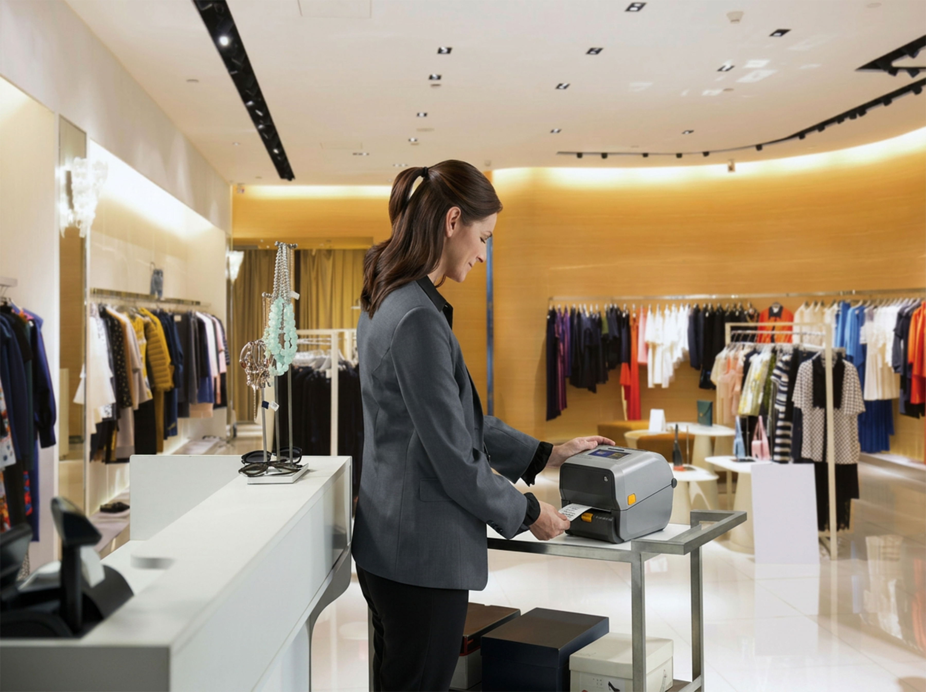 An associate in a high-end clothing boutique uses a Zebra desktop printer to print a label at the point-of-sale counter. The scene depicts an efficient in-store process, likely for price marking, inventory management, or returns.