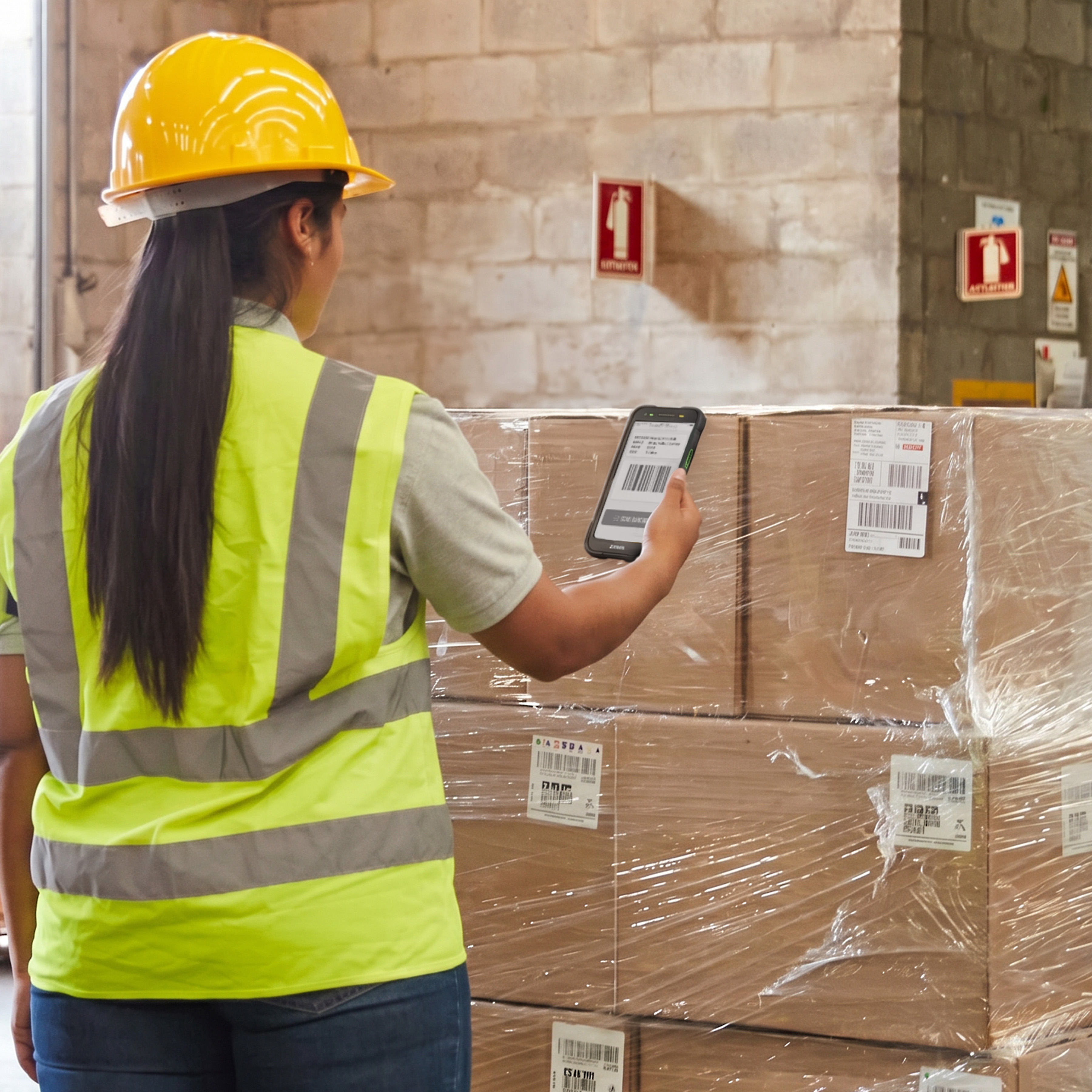 Photo of a warehouse worker using a TC701 to scan a UPC on a box. 