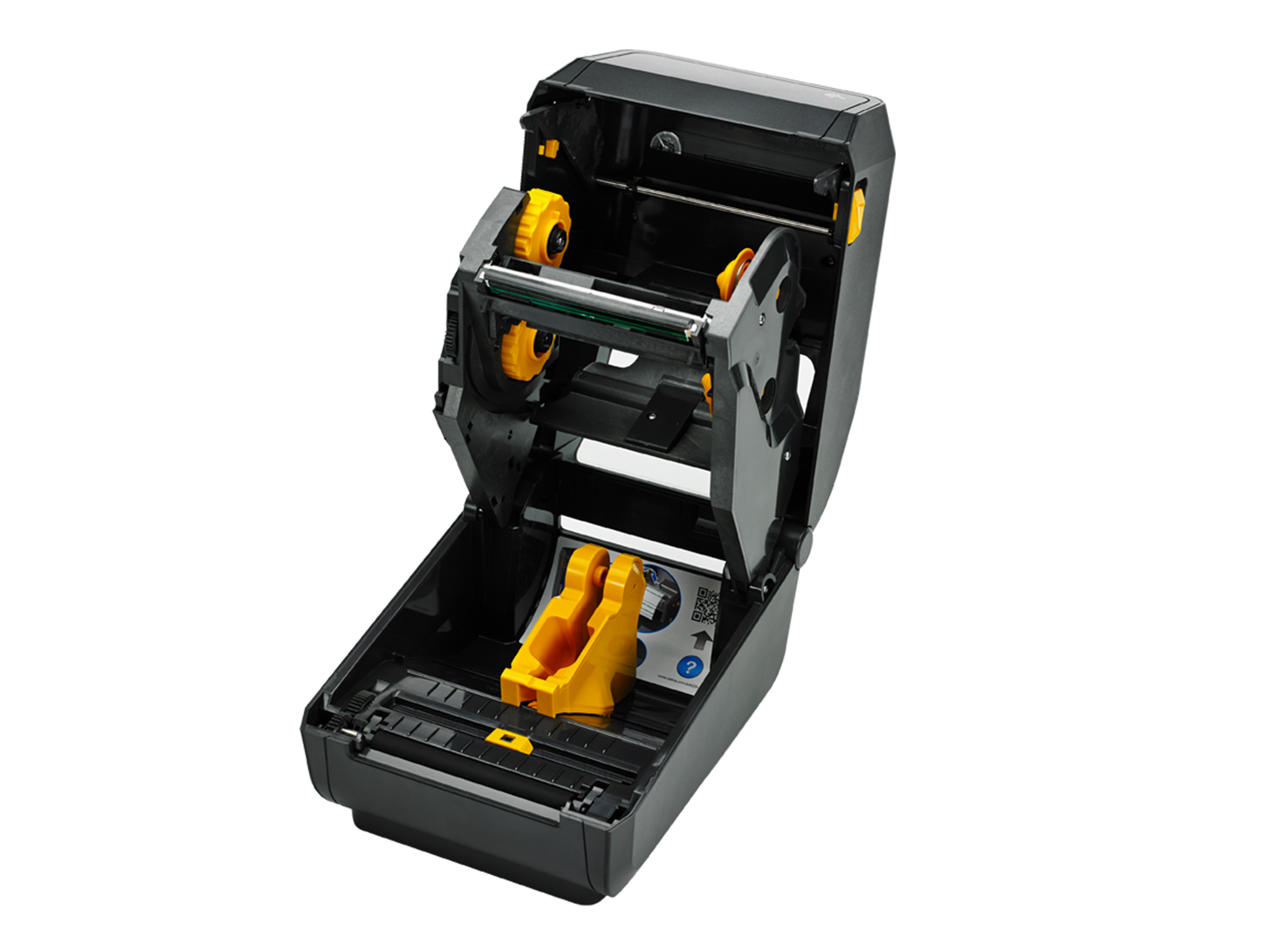 ZD420 thermal transfer desktop printer shown open to display interior, facing left.