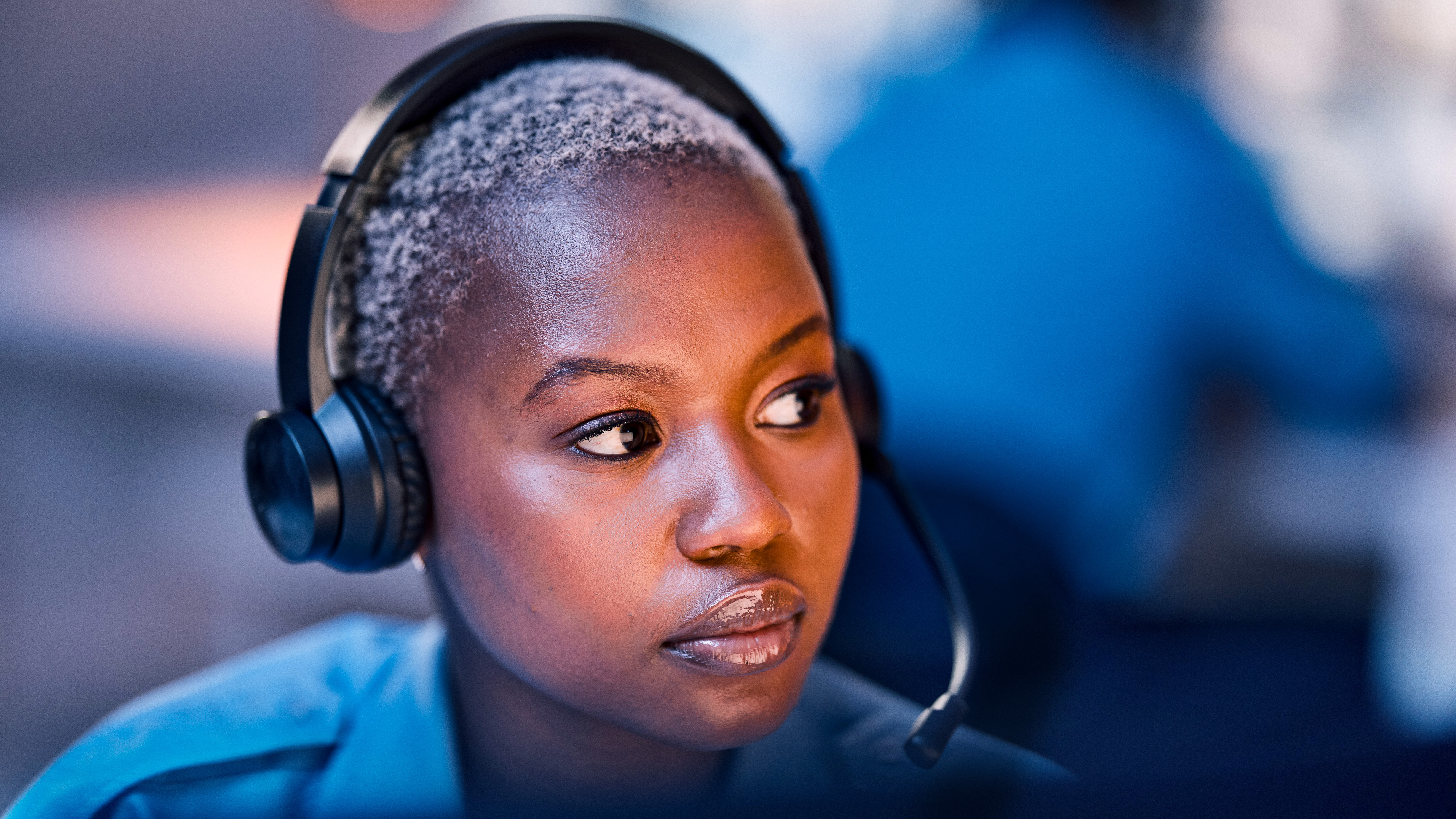 Employee wearing a headset.