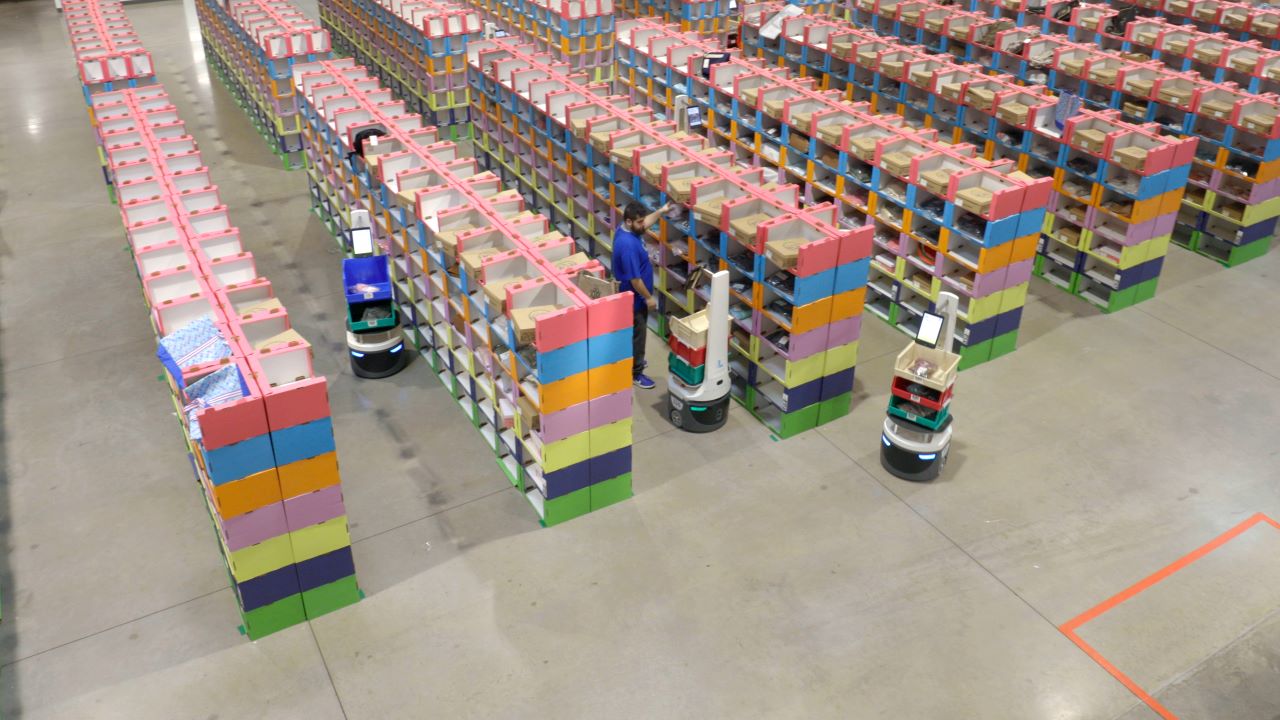 An overhead shot of a warehouse where people and cobots are working together to pick items for orders