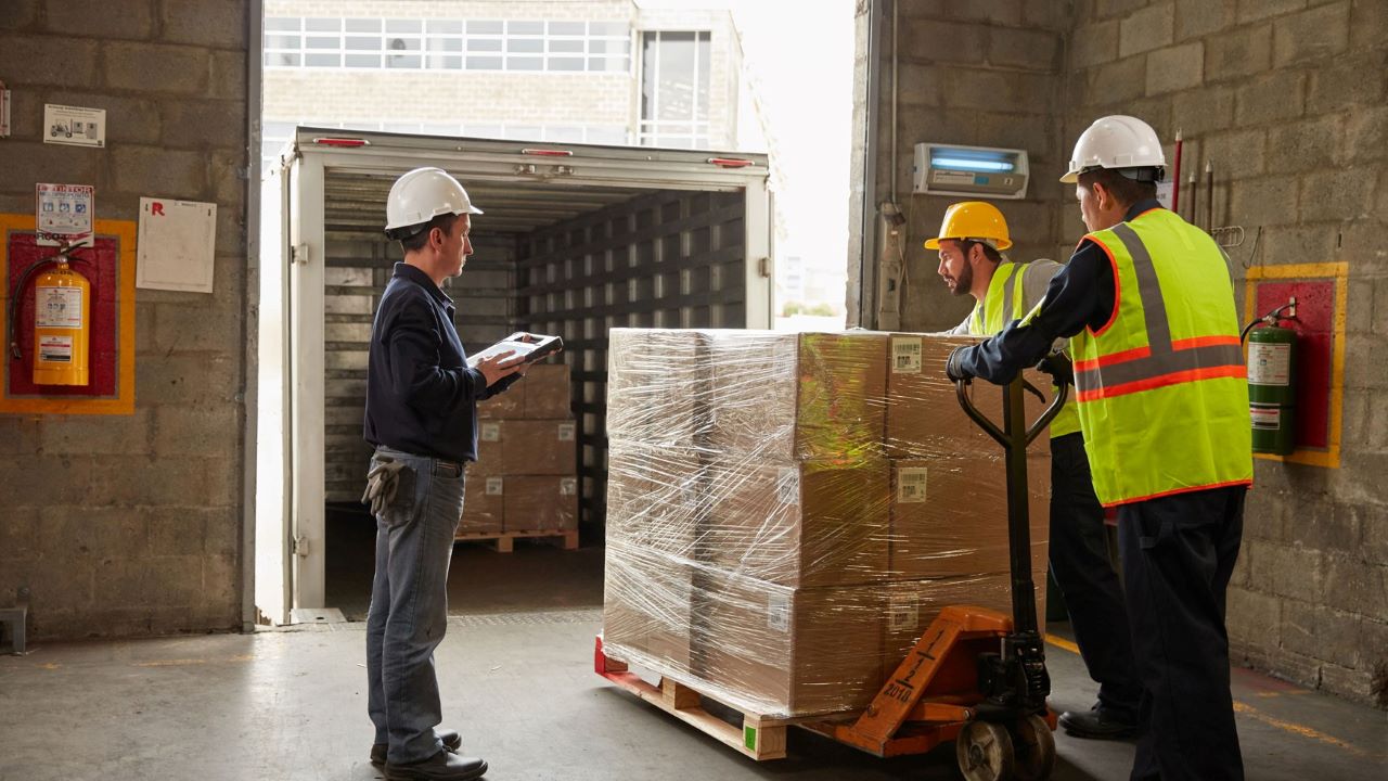 Workers prepare to load a pallet from a warehouse onto a truck while a supervisor documents the action on a rugged tablet.