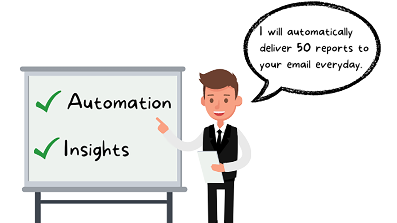 An animated graphic showing a man by a white board with the words "automation" and "insights"