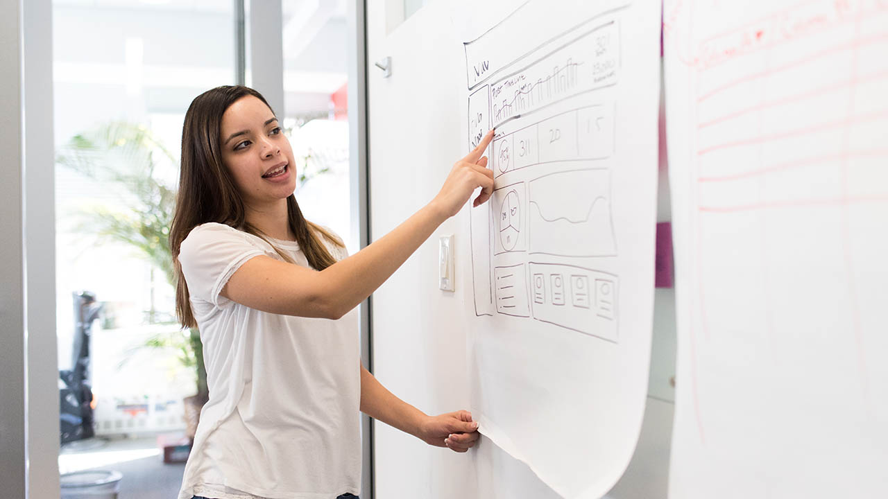 A woman at a white board