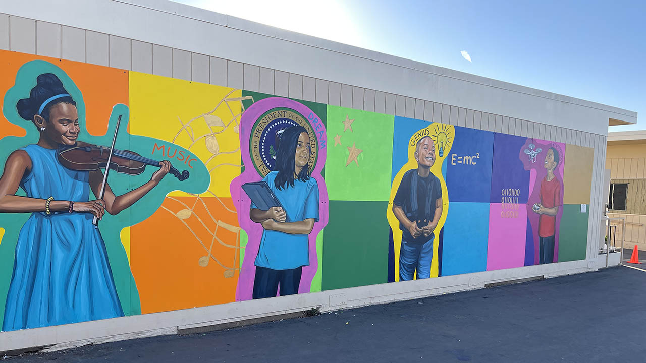 The mural painted at Muir Academy in Long Beach, CA