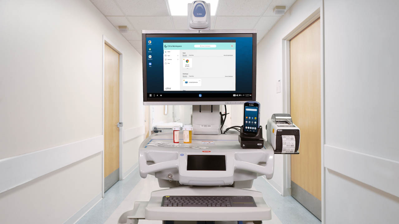 Zebra Workstation Connect on a healthcare workstation on wheels with Citrix Workspace on the monitor