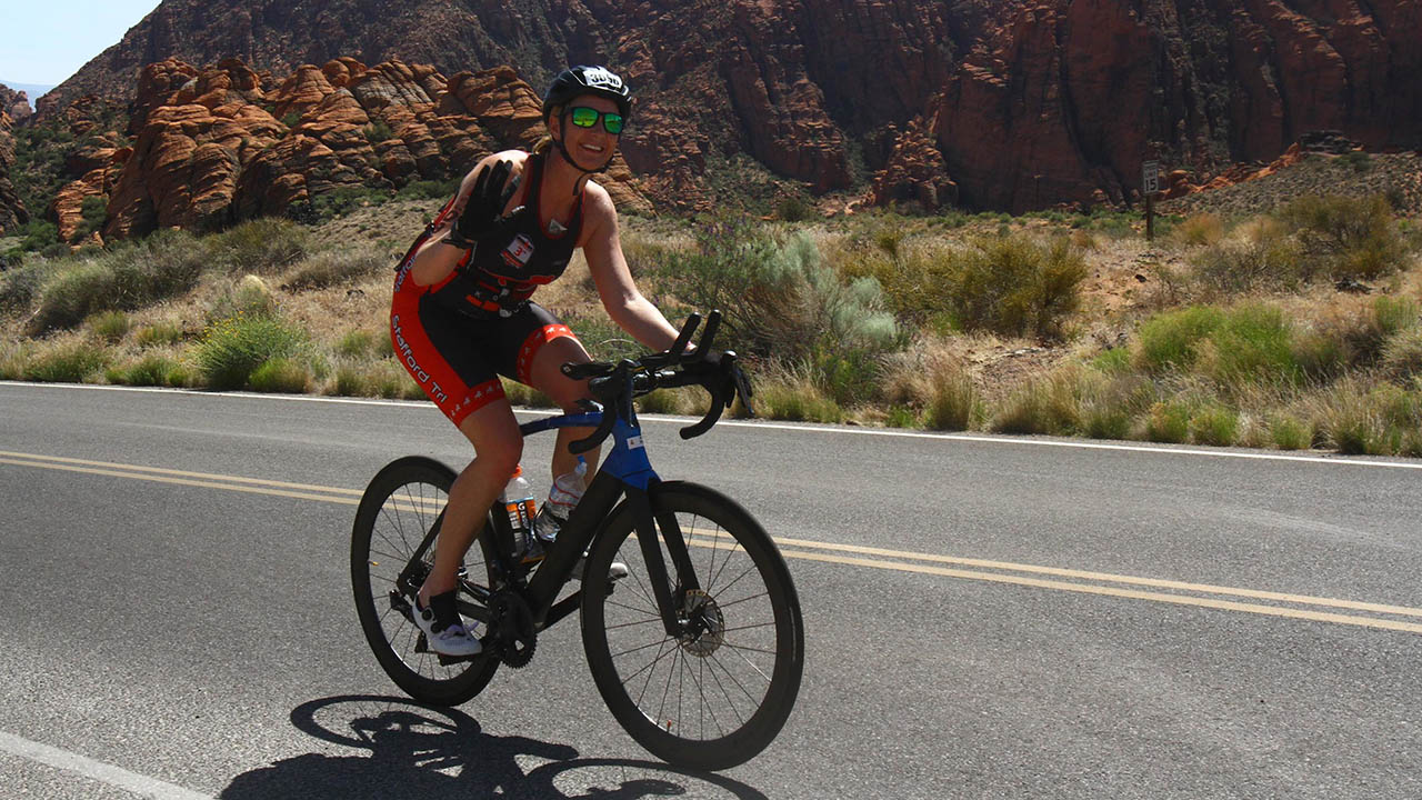 Lorna Hopkin rides her bike during the Ironman World Championship competition