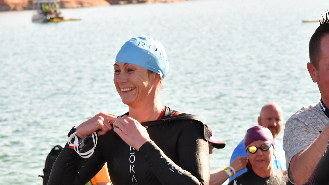 Lorna Hopkin finishes the swim section of the Ironman World Championship competition