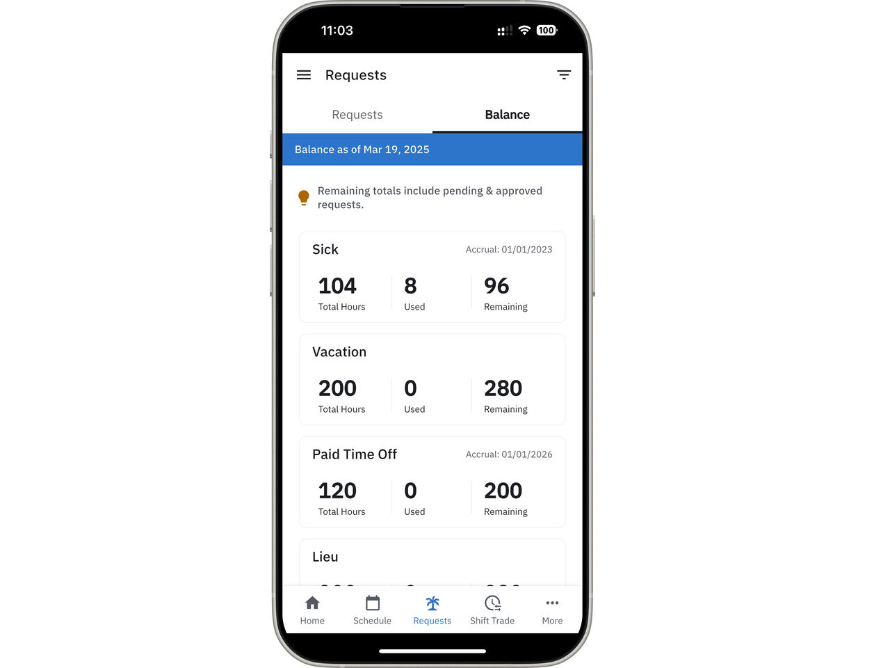 Workcloud Shift Leave Balance screen