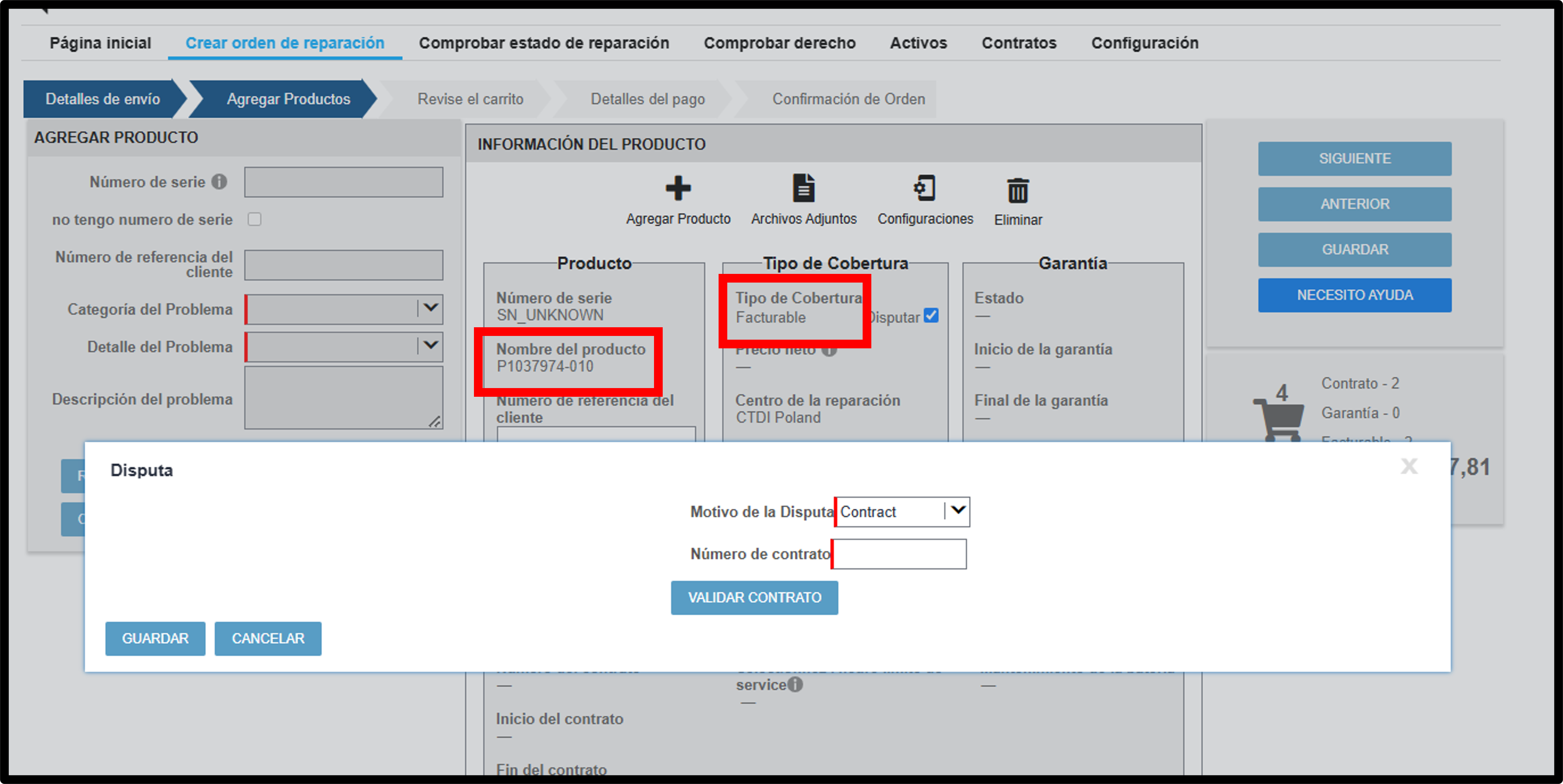 Reclamación en garantía de la impresora, captura de pantalla