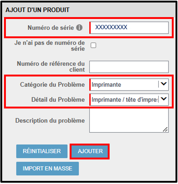 Capture d'écran de la demande de garantie d'imprimante 3