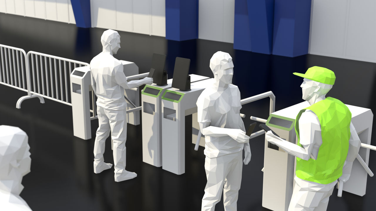 This still from the Sports Solutions Animated video shows animated people scanning tickets at an automated turnstile to enter a venue.