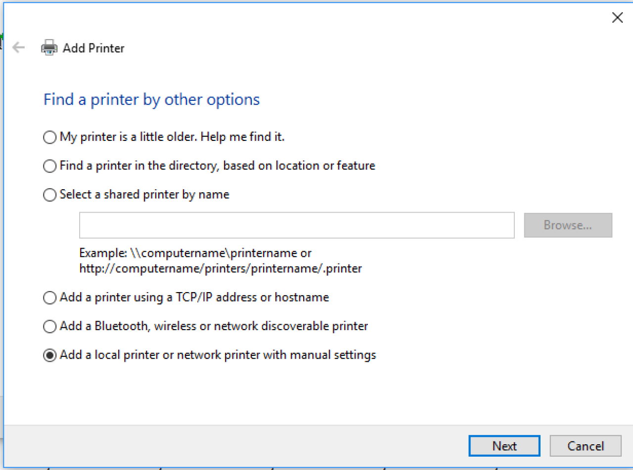 Find a printer by other options screen