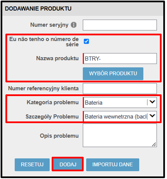 Zrzut ekranu Roszczenia gwarancyjnego na baterię 5