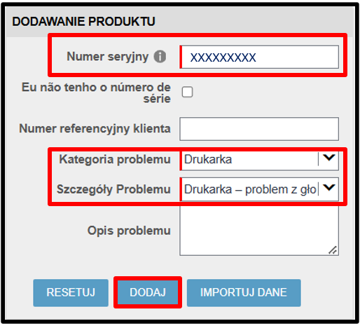 Zrzut ekranu 3 Roszczenia gwarancyjnego na drukarkę